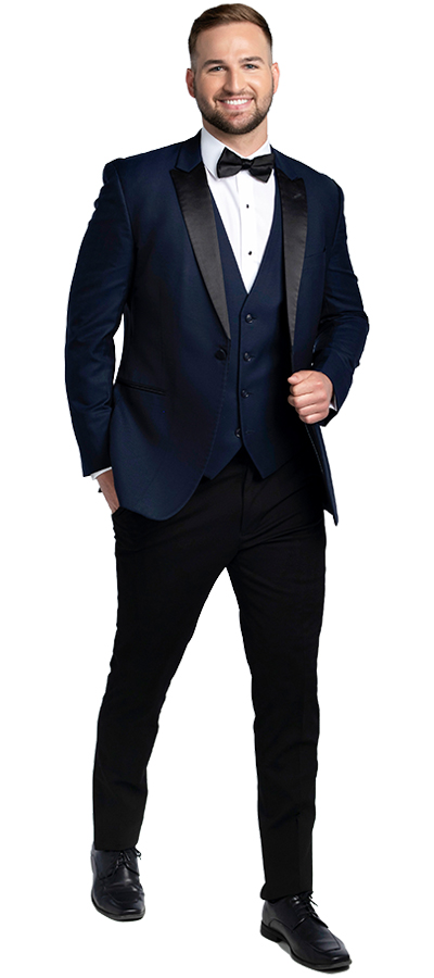 Blake-Navy-Black-Tuxedo-114-7c - Skeffingtons Formal Wear Front view of the Blake Navy with a black lapel and black pants