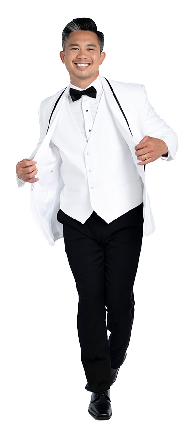 Calypso-White-Tuxedo-Black-Pants-143-10c White Calypso Jacket with black labe, white vest and black pants
