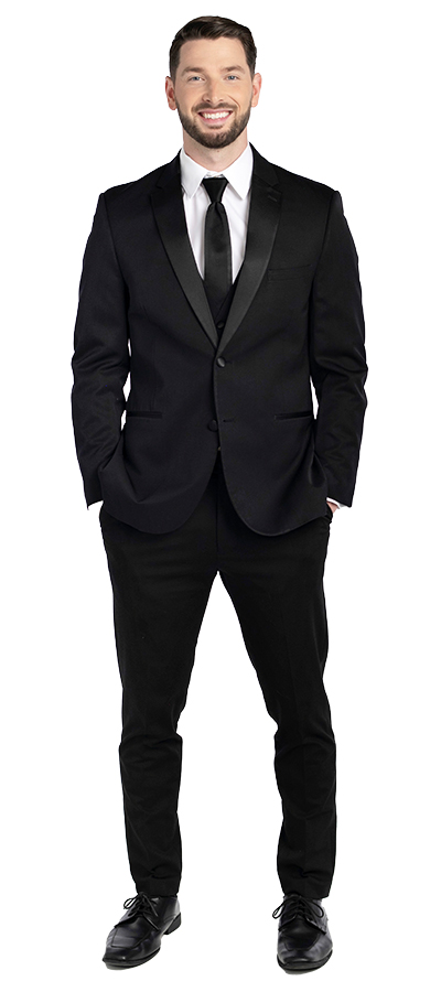 Desire-Black-Tuxedo-116-1c - Skeffingtons Formal Wear Front view of the Black Desire Tuxedo with a satin lapel