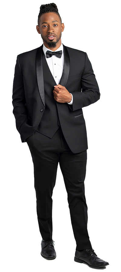 Front view of the Shawl Black Tuxedo with Satin Lapel